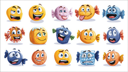 Fototapeta premium Cartoon Candy Faces: Expressive Treats Isolated on White