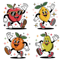 Funny cheerful fruits in retro style. Comic mascot of apple, pear, lemon, orange with a joyful smile, face, legs and arms. Cartoon characters in vector.