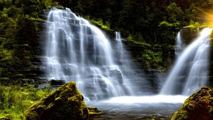 Obraz premium A beautiful natural waterfall cascades down mossy rocks in a green forest landscape