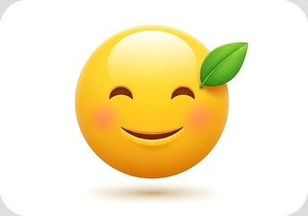 Fototapeta premium Eco-friendly smiley face icon. Cheerful yellow emoticon with a green leaf symbolizing nature's joy and wellbeing.