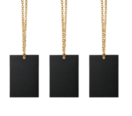 Three blank black rectangular tags, suspended by gold chains
