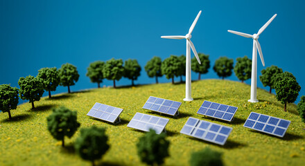 Eco-friendly energy solution model with wind turbines and solar panels for a sustainable future on a green planet.