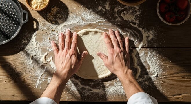Top View of Chef Hands Preparing Pizza Dough with Flour on a Rustic Wooden Table - Powered by Adobe