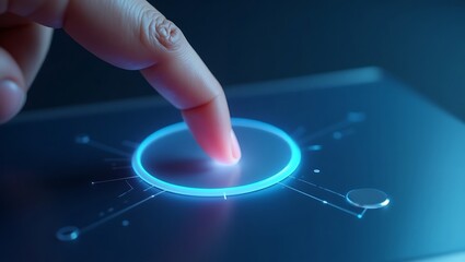 Finger touches glowing blue circle on futuristic interface