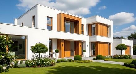 Modern, two-story house with light-colored exterior and wooden accents.