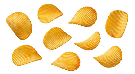 Crispy ridged potato chips scattered isolated on white background