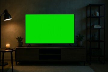 Television with green screen in dark living room at night, cozy atmosphere