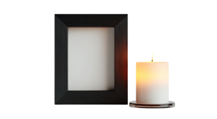 A dark wooden frame with a blank white interior sits beside a lit white candle on a clear circular base