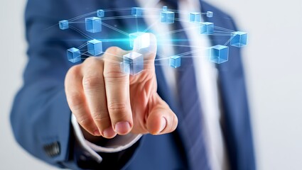 Businessman interacting with a futuristic digital network interface