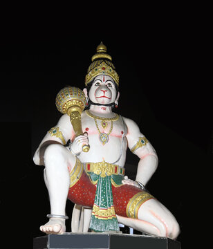 Hanuman Ji Statue at Chitrakoot Ghat, Uttara Pradesh, India &ndash; Nighttime Devotional Sculpture Image