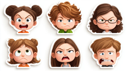Cartoon Character Emotions: Angry and Irritated Children, Vector Illustrations