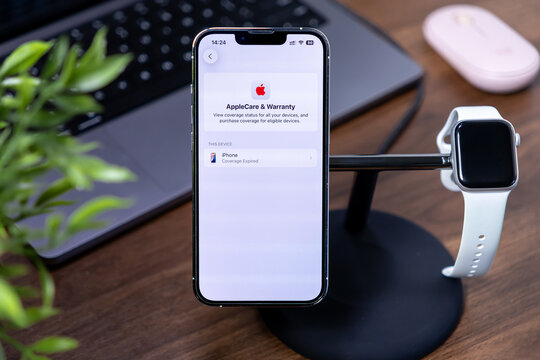 Poznan, Poland - July 29, 2025: AppleCare application on iPhone displays expired coverage status, showcasing modern ios 26 features with Liquid Glass technology