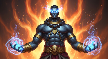 Mystic guardian of flame and lightning, wielding ancient power in a blazing aura
