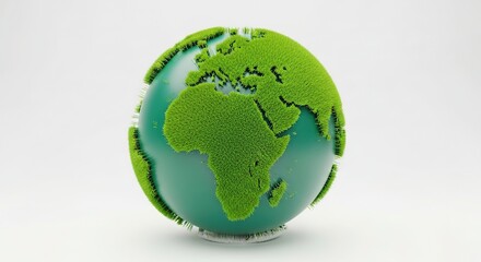 Obraz premium Green continents covered on a shiny turquoise earth model stand against a white background