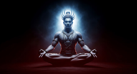 A serene and contemplative depiction of Shiva in deep meditation under divine light aura