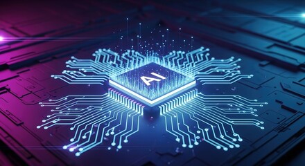 Glowing AI Circuit Board Shows Network Connections on Blue and Purple Background