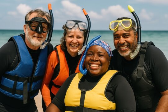 Diverse group enjoying snorkeling adventure.