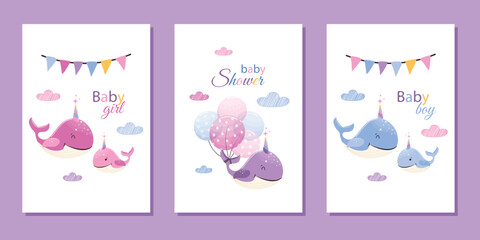 Fototapeta premium Set of templates for invitations and birthday cards. Newborn boy and girl. Baby shower. Cute vector design with funny dolphins and a unicorn horn.