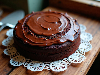 Chocolate cake with melted chocolate topping over wooden table