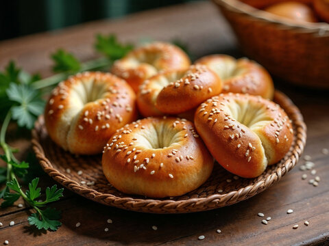 Round bread doughts with sesame over wooden board