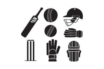 Collection of cricket sports equipment icons in black and white