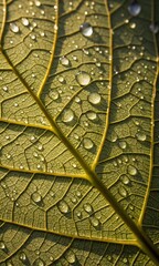 Obraz premium Close up of green leaf with water droplets in sunlight macro