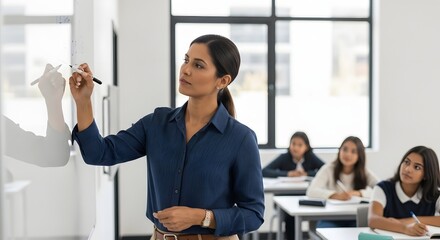 Focused Young Teacher Explaining Lesson on Whiteboard to Engaged Students in a Modern Classroom Setting, Highlighting Dedication and Learning.