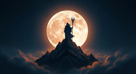 Silhouette of a mystic with a staff stands majestically atop a mountain against a luminous moonlit