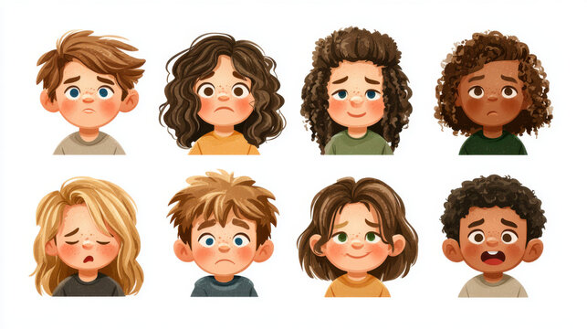 Kids Emotions Set: Sad, Worried, Neutral Faces