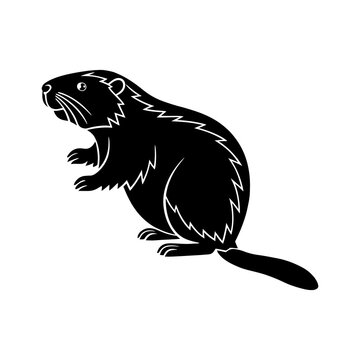 Black silhouette of a beaver standing on its hind legs with white accents black and white animal