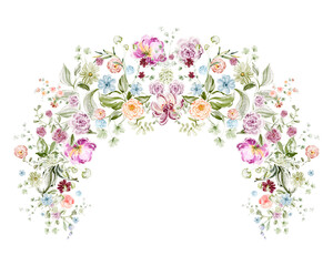 Watercolor arch frame with small multicolored flowers in vintage botanical style. Ideal for invitation, wedding, greeting card, print, template, brochure, and floral background design.