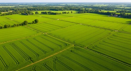 Fototapeta premium Expansive Green Farmland Aerial View with Patterned Fields, Showcasing Sustainable Agriculture and the Beauty of Rural Landscapes in Sunlight