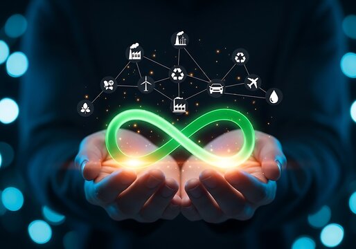 Circular economy concept with infinity symbol and industry icons held in hands - Powered by Adobe