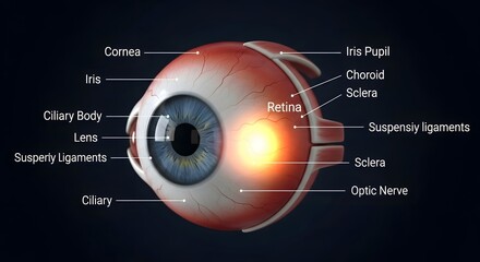 Detailed 3D Human Eye Anatomy Illustration with Labeled Parts and Glowing Retina, Highlighting Vision and Medical Science