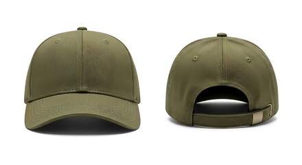 Olive green baseball cap mockup showing front and back views. A blank, plain hat template isolated on a white background for design.