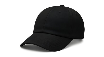 A classic plain black baseball cap isolated on a clean white background. Ideal for template or mockup designs.
