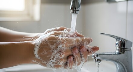 Fototapeta premium Clean Hands Under Running Water: A Symbol of Hygiene, Health, and Daily Personal Care for a Germ-Free Life