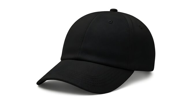 A classic plain black baseball cap isolated on a clean white background. Ideal for template or mockup designs.