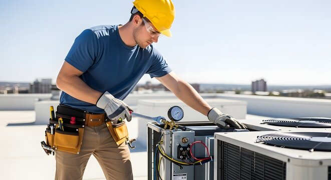 Professional HVAC technician inspects and repairs rooftop air conditioning unit, ensuring optimal performance and reliable climate control on a sunny day.