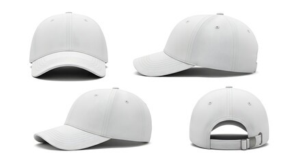 White baseball cap mockup from front, side, and back views. Blank classic hat template isolated on white for design.
