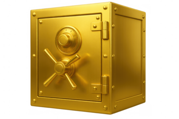 Gleaming golden safe featuring combination lock, symbolizing financial protection and secure wealth management against transparent backdrop