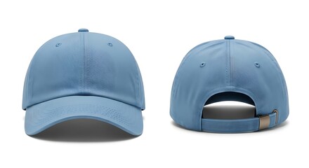 Simple light blue baseball cap isolated on a white background. Front and back view of a blank classic dad hat for apparel mockups.
