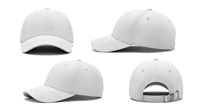 White baseball cap mockup from front, side, and back views. Blank classic hat template isolated on white for design. - Powered by Adobe