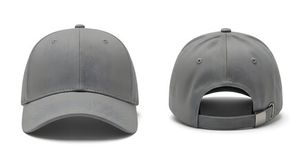 Blank grey baseball cap mockup showing front and back views. Classic headwear template with adjustable strap isolated on a white background.