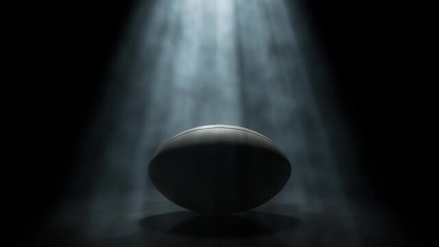 A generic rugby sports ball being lit by a single rotating and swirling ethereal light ray on a dark black background