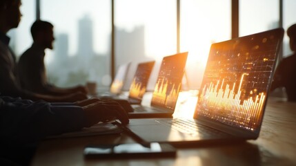 Modern business professionals using multiple laptops with financial data and stock market graphs on screens du work meeting in office with city view