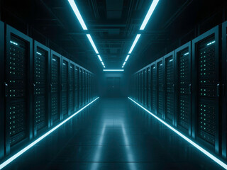 Fototapeta premium Server Room with Neon Lighting and Symmetrical Layout