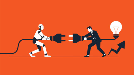 Human and robot connecting power plugs symbolizing collaboration and innovation for a bright future