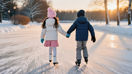 Christmas scene of two children ice skating hand in hand on a snowy path at sunset, enjoying winter together.
