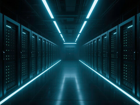 Server Room with Neon Lighting and Symmetrical Layout